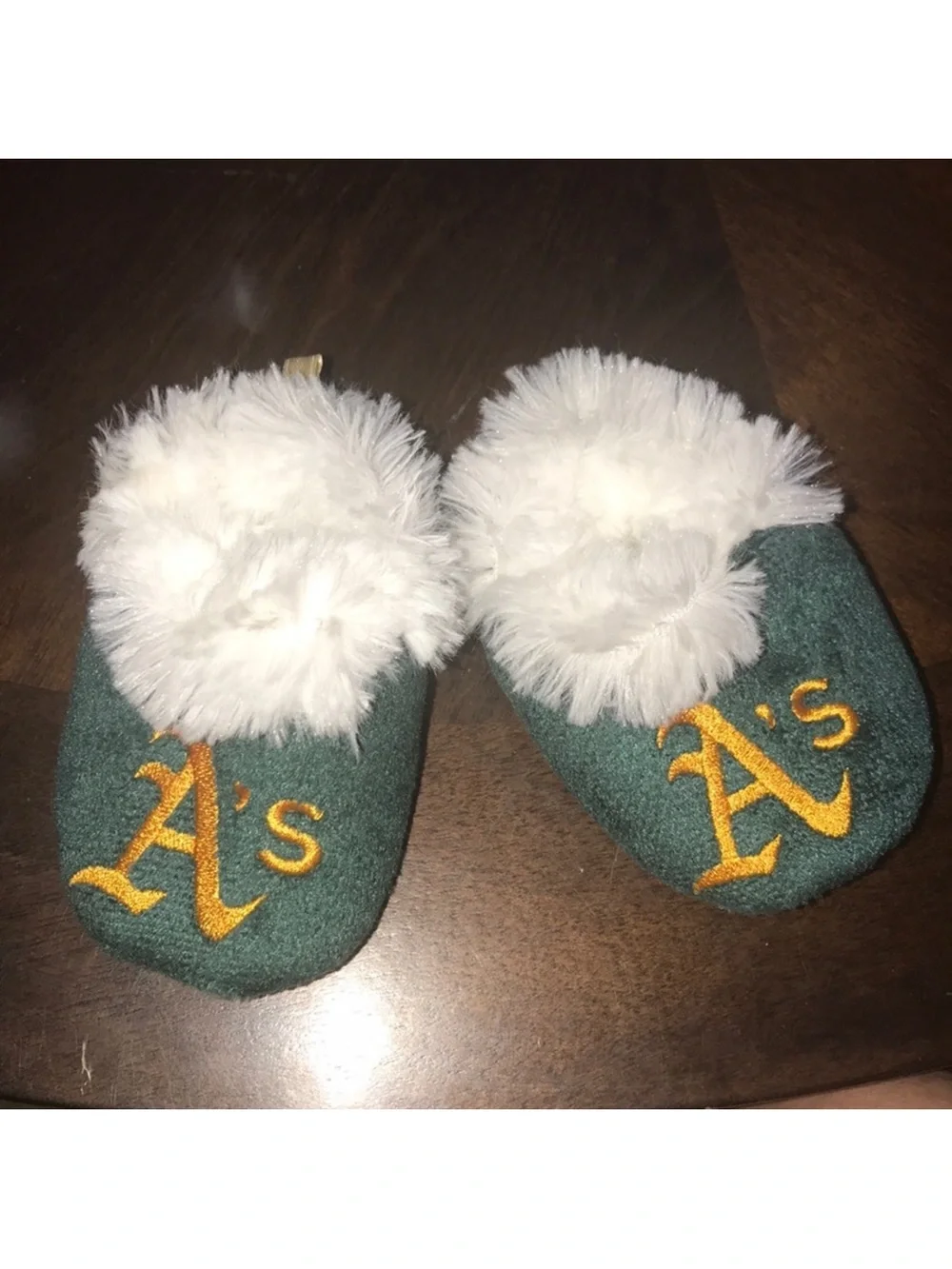 Forever collectibles small Green Baby furry Booties with Yellow A's Logo